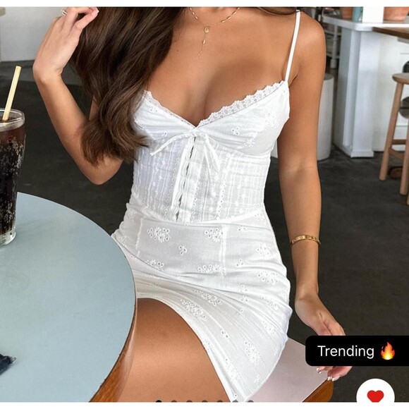 NWT White Fox Hard To Love Mini Dress White Sz Medium Milkmaid Halter Eyelet - Picture 3 of 7